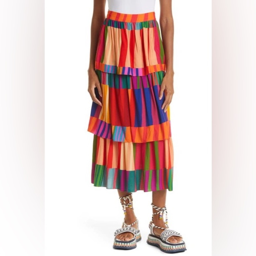 FARM RIO Sunset Stripes Tiered Midi-skirt Size S NWT